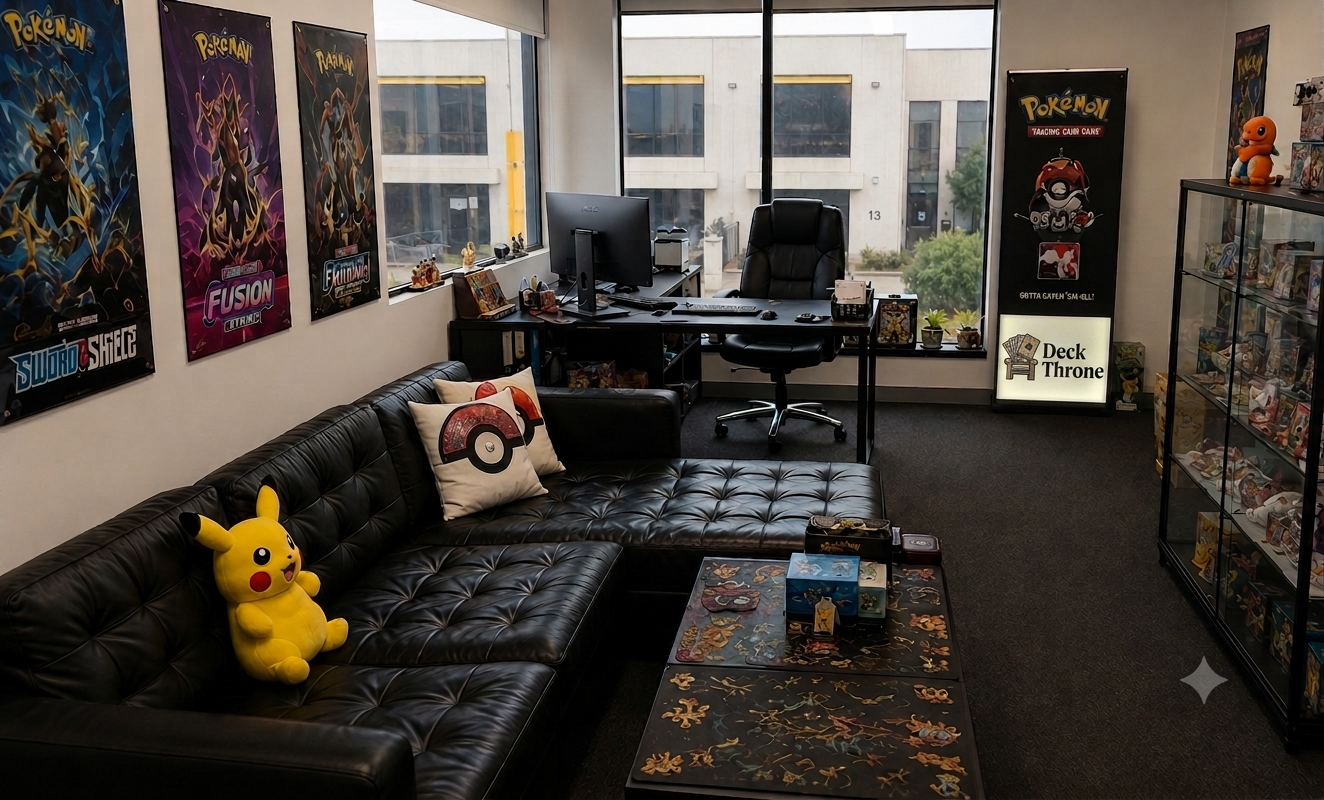 Deck Throne seating area and office desk with Pokémon Trading Card Game display cabinets